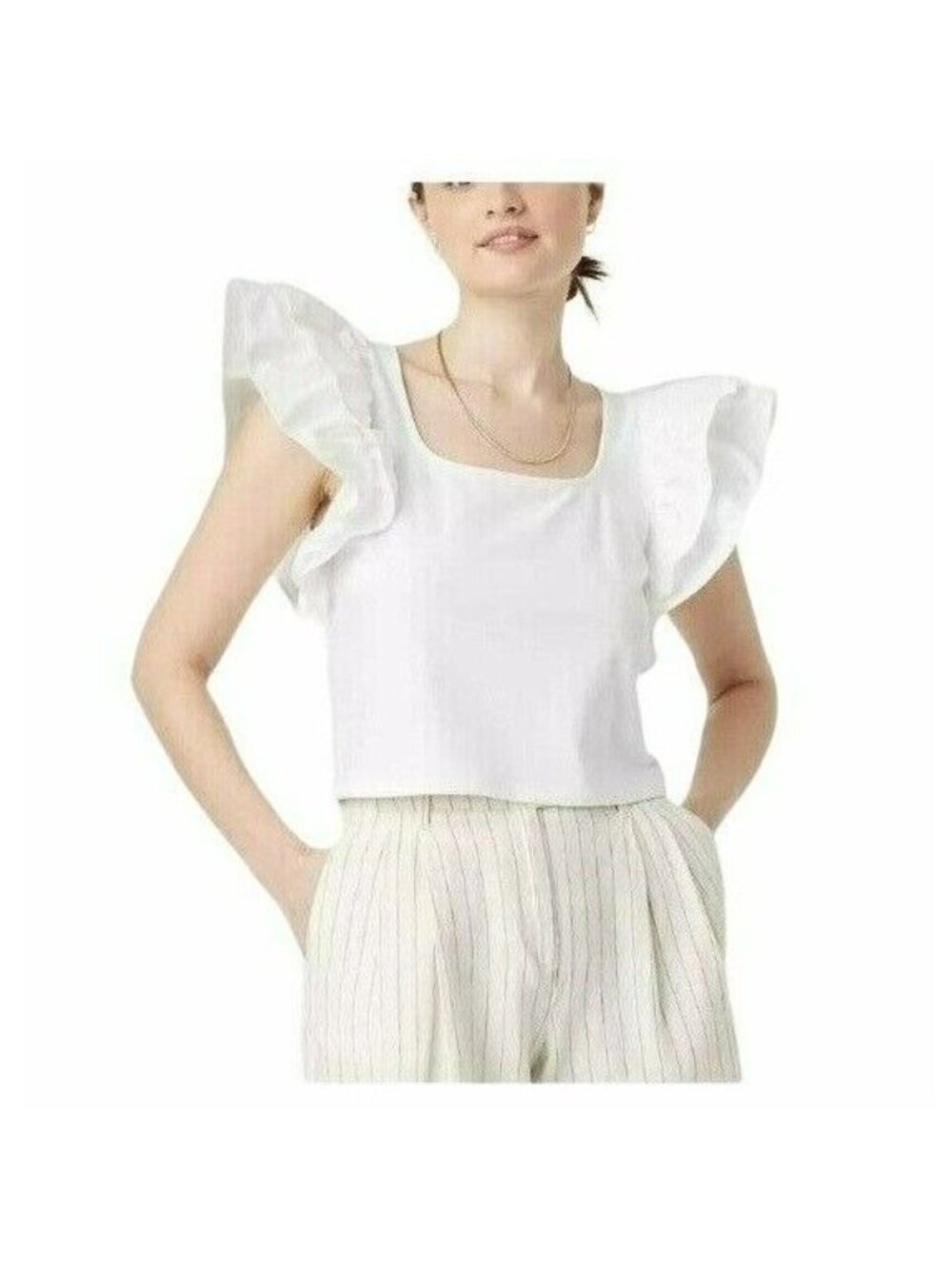 ⭐Women's Crop Top blouse Double Flutter Short Sleeve Sz XL Slim Fit White Cotton